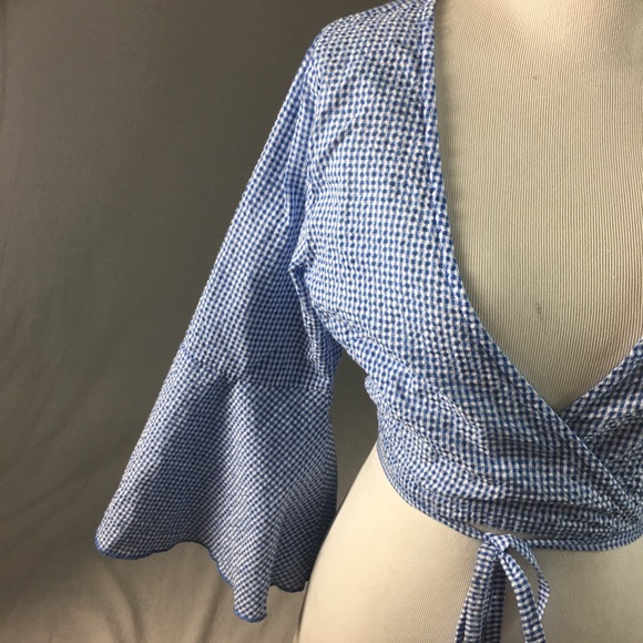 2BELLA  BLUE/White GINGHAM WRAP BLOUSE SMALL NWOT - Picture 3 of 6